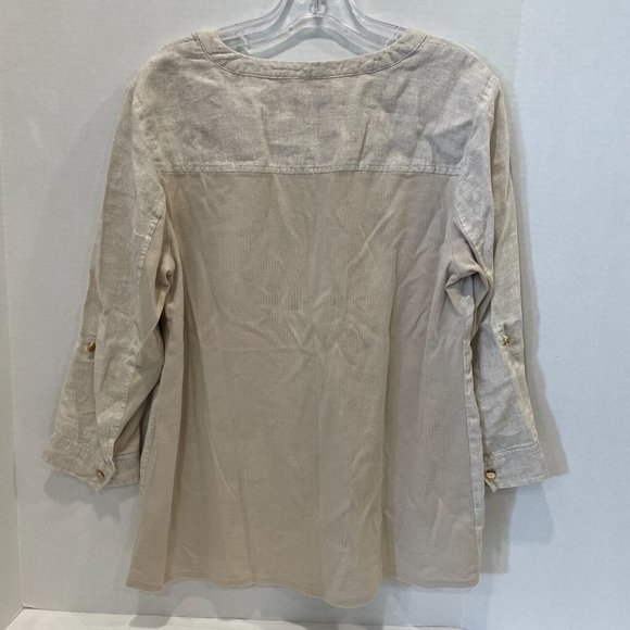 JM Collection V Neck Beige Linen Half Zip Quarter Sleeve Shirt Medium - Picture 2 of 7